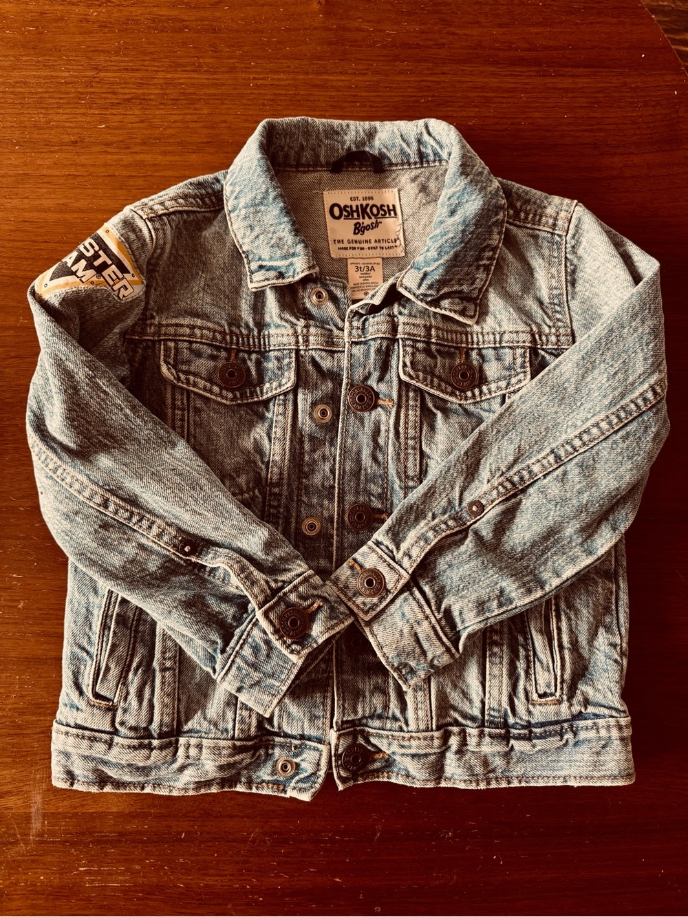 OshKosh B'gosh Light Blue Denim Jacket with Upcycled Monster Jam Patches